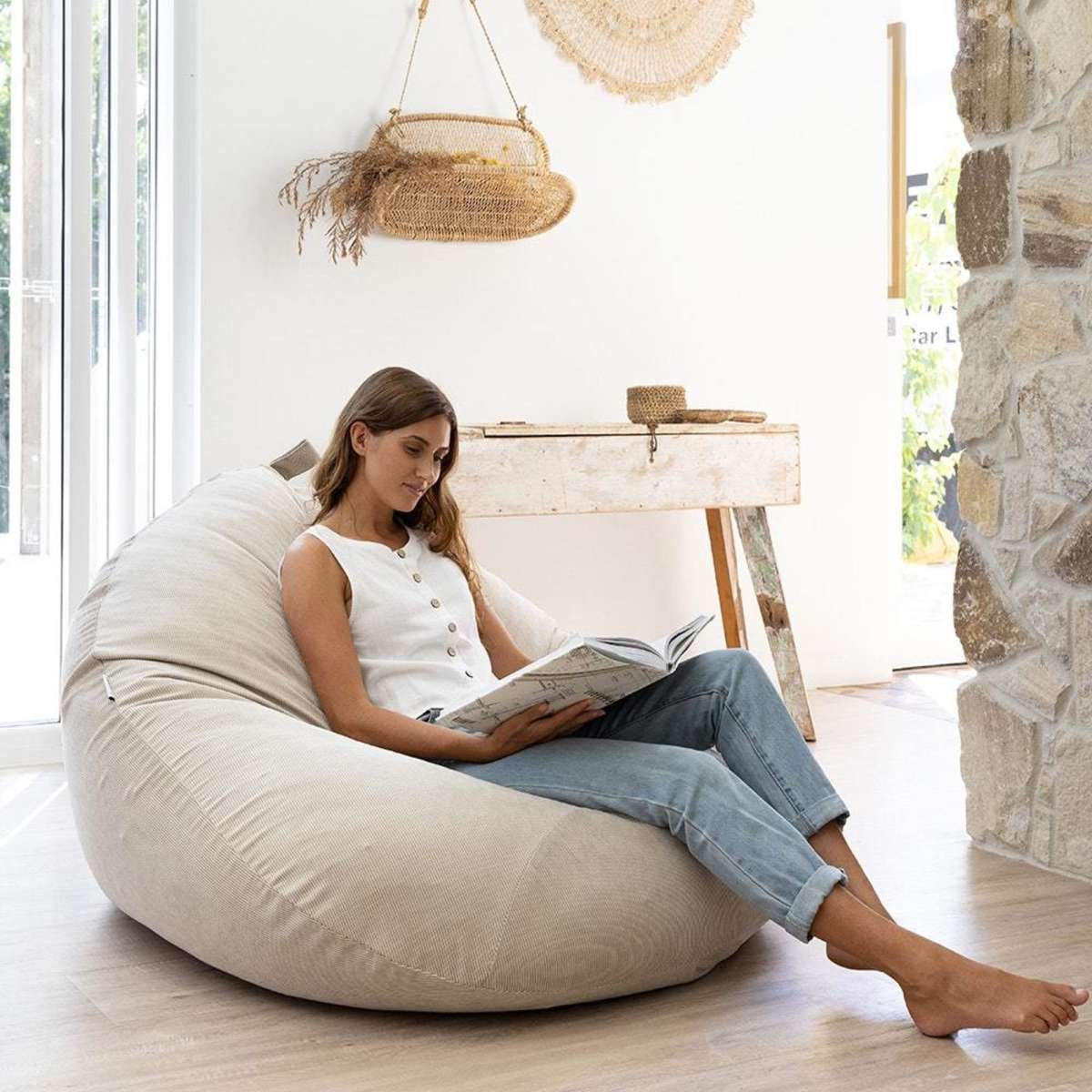 Mooi Living Large Ribbed Corduroy Bean Bag Chairs Natural Beige Woolworths