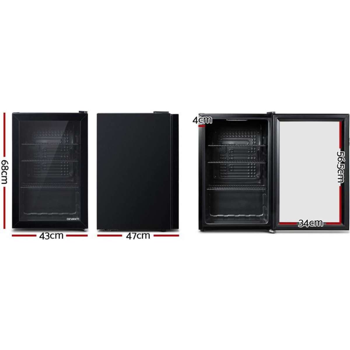 Devanti 70L Bar Fridge Glass Door w/Light Black Woolworths