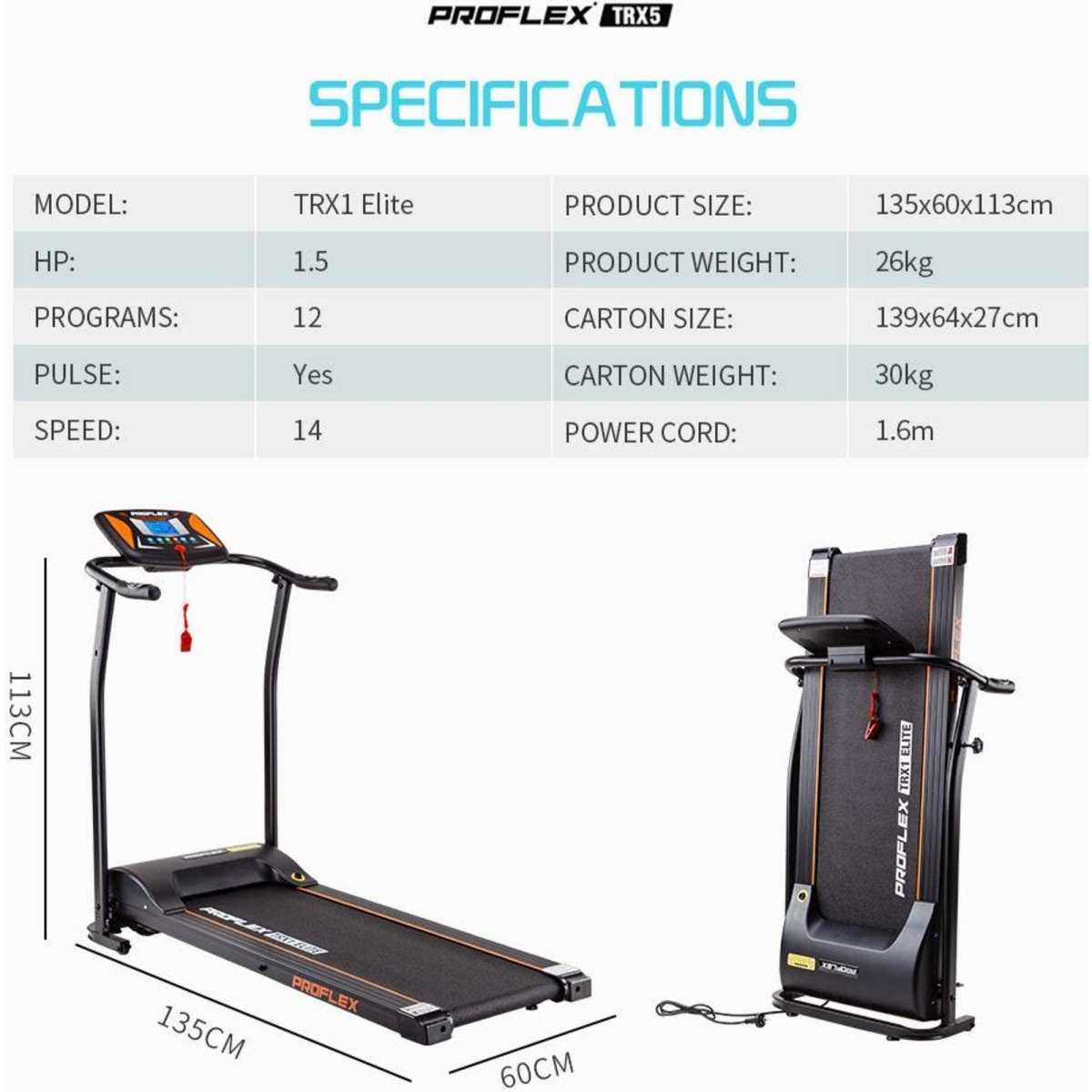 Proflex Electric Treadmill Exercise Fitness Equipment Home Gym Machine