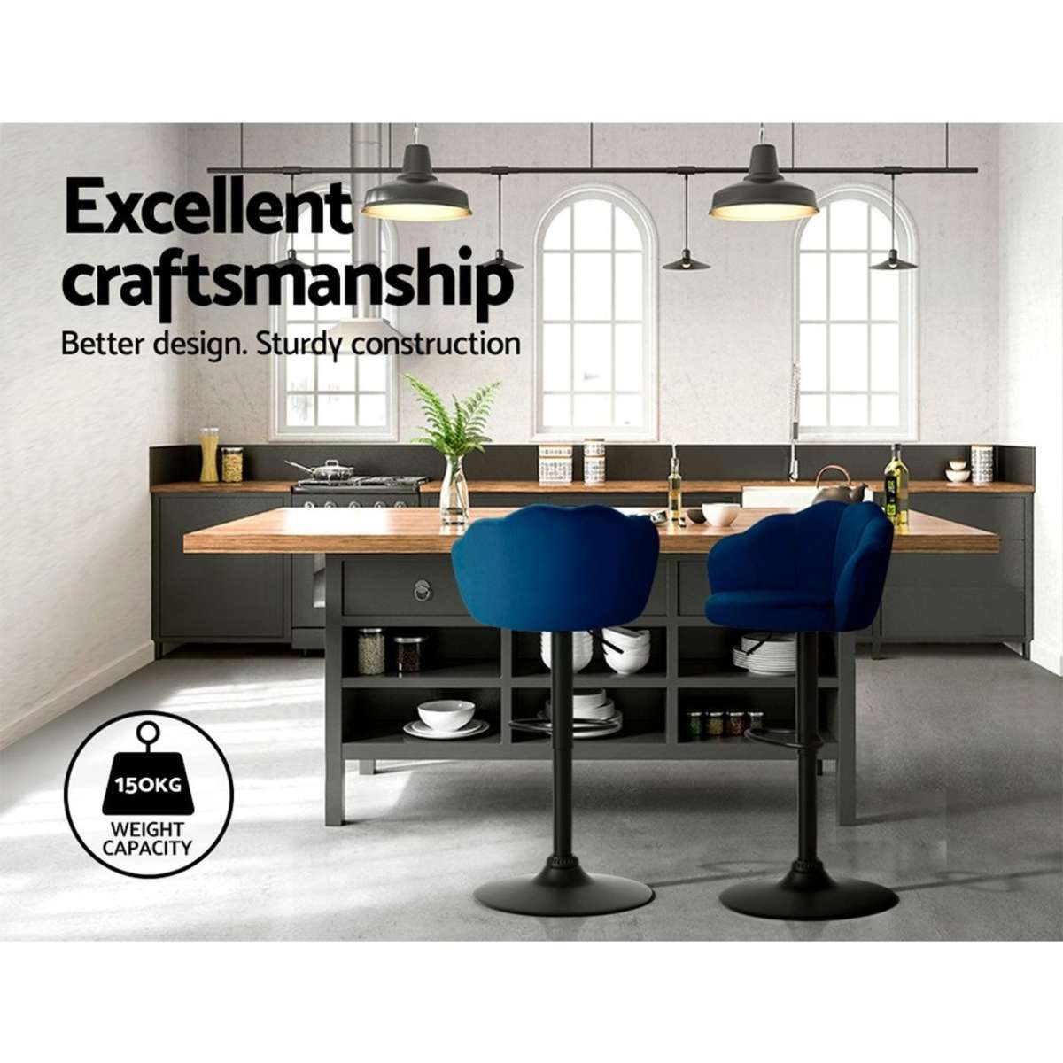 Artiss 2x Bar Stools Gas Lift Velvet Blue Woolworths