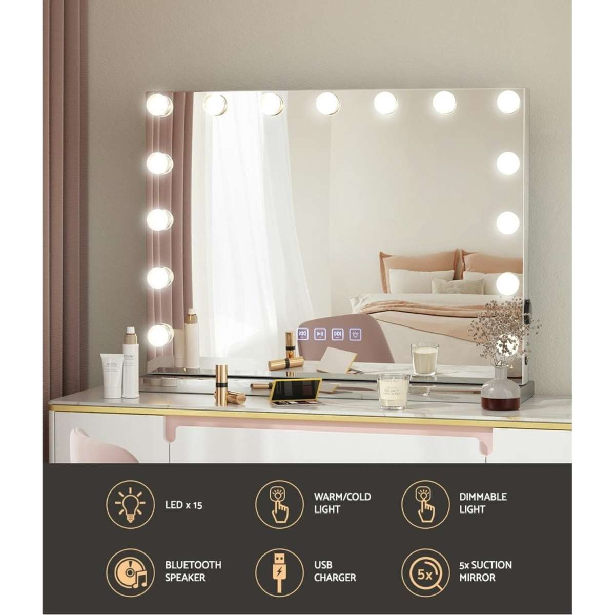 Embellir Bluetooth Makeup Mirror 58x46cm Hollywood Vanity with LED Light Wall Woolworths