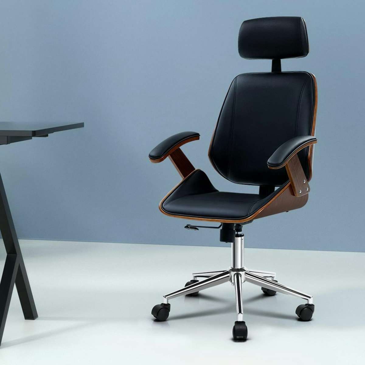 Artiss Wooden Office Chair Leather Seat Black Woolworths