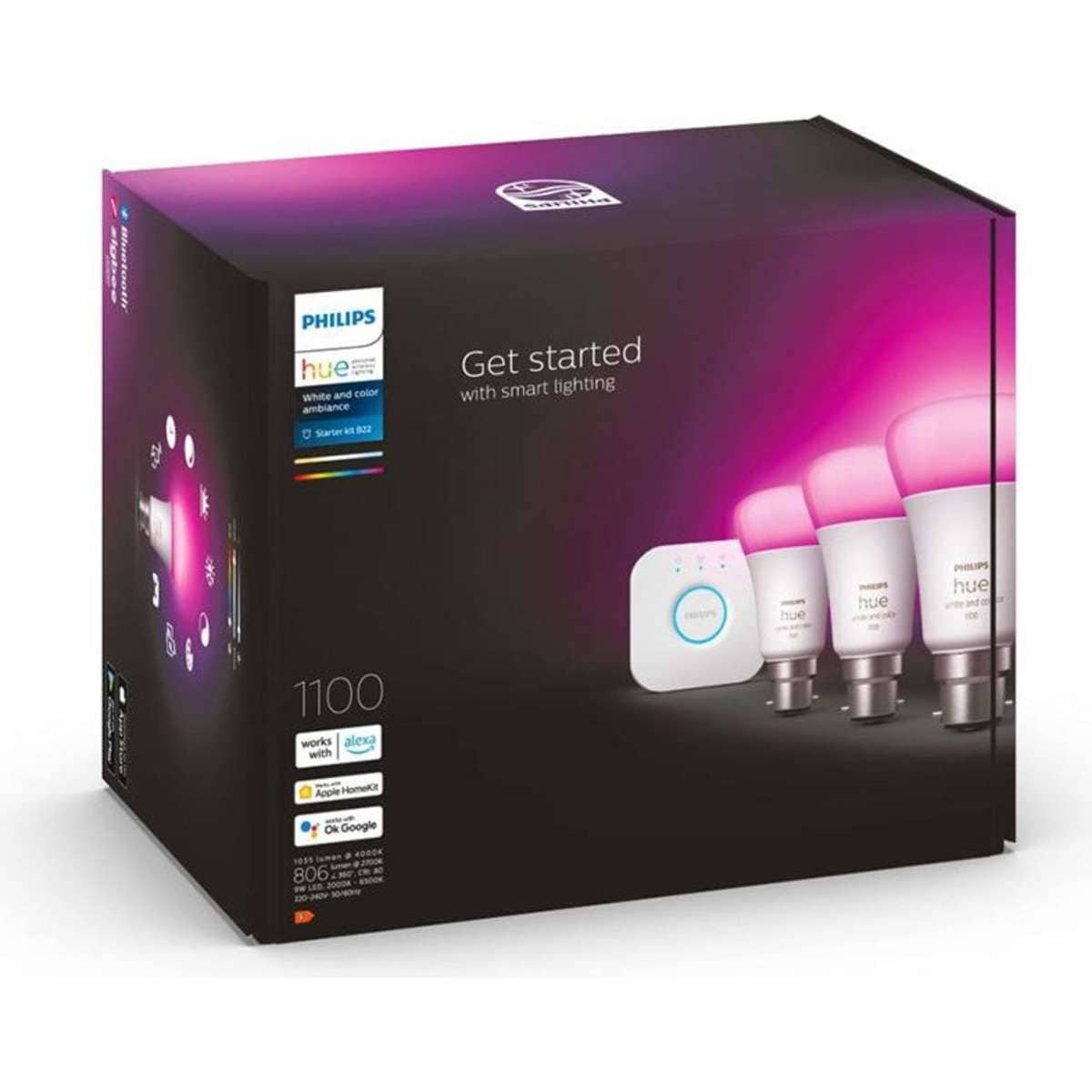 Philips Hue White/Colour Ambiance Light Globes 11W A60 B22 w/Bridge 4pc Woolworths