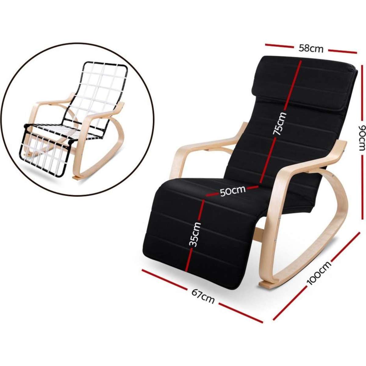 Artiss Rocking Armchair Bentwood Frame With Footrest Black Afton