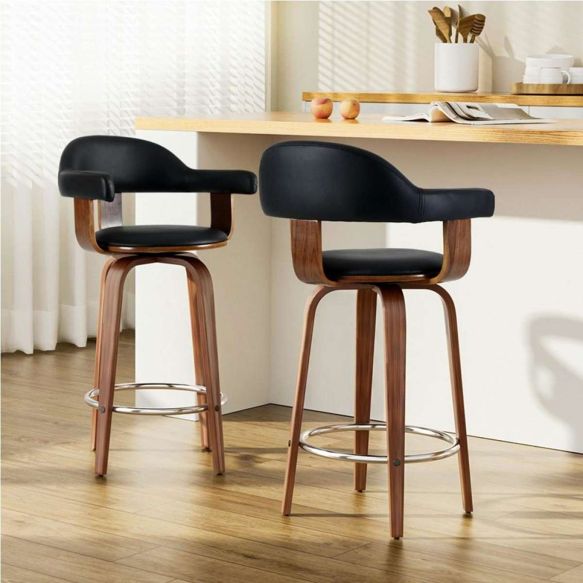 Artiss 2x Bar Stools Leather Seat Wooden Legs Woolworths