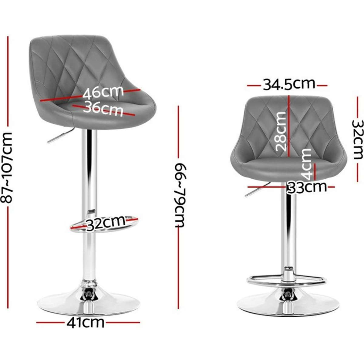 Artiss 2x Bar Stools Leather Padded Gas Lift Grey Woolworths