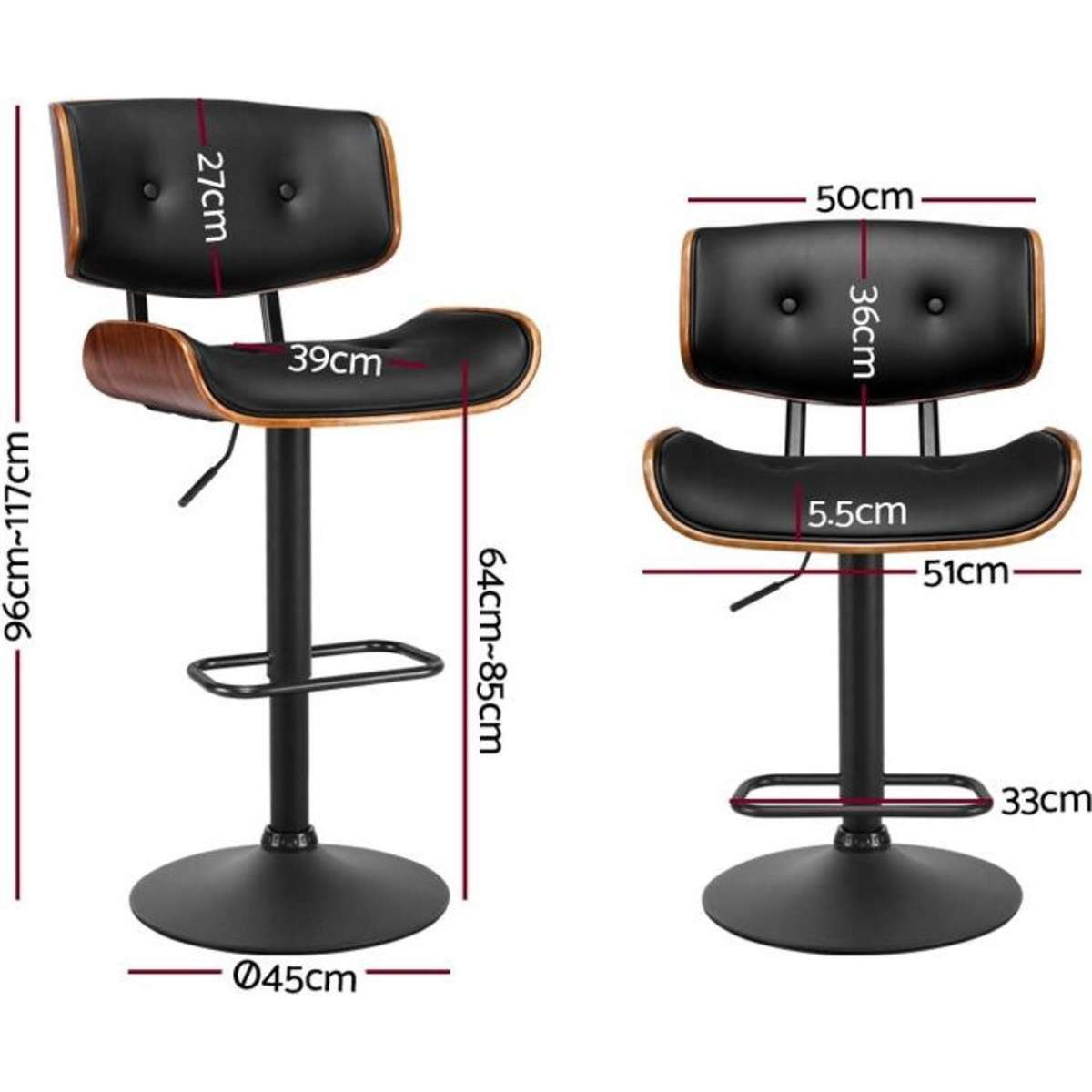 Artiss Bar Stools Gas Lift Leather All Black Woolworths