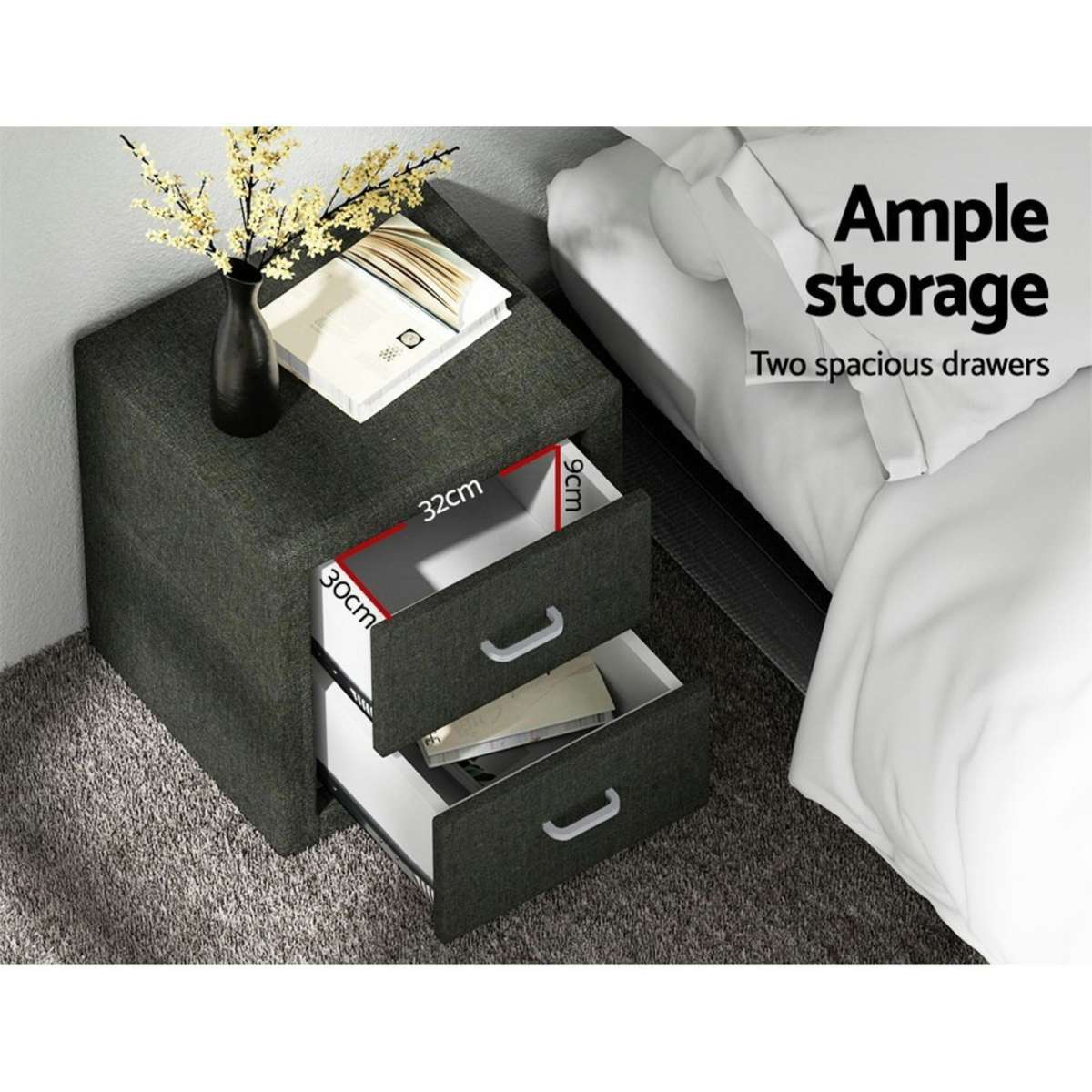 Artiss Bedside Table 2 Drawers Fabric CADEN Charcoal Woolworths