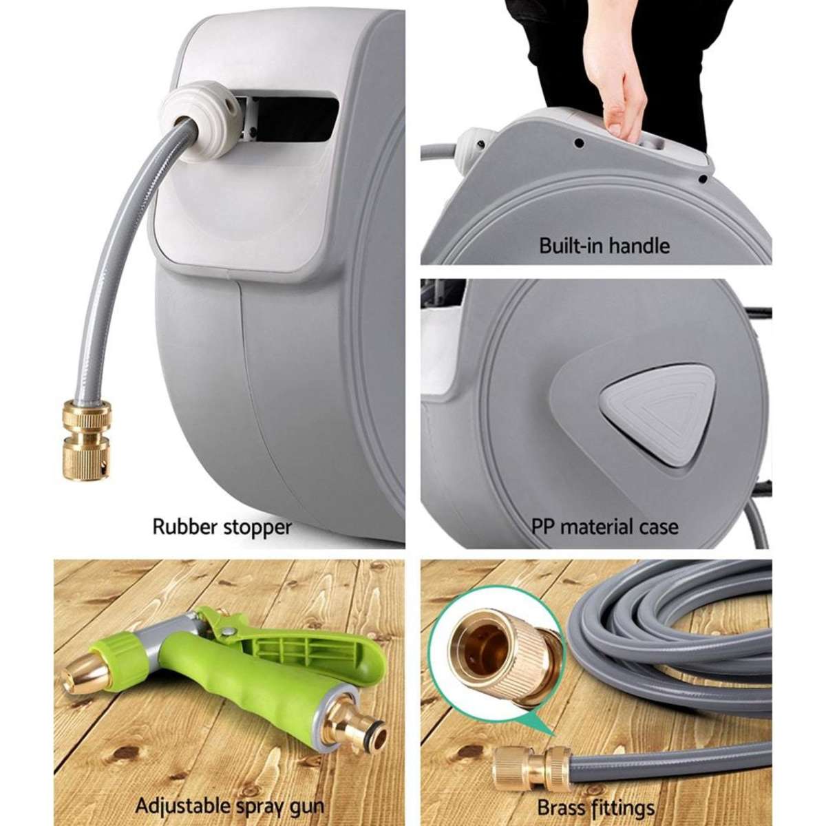 Water Hose Reel 20M Retractable Auto Rewind Garden Brass Spray Gun