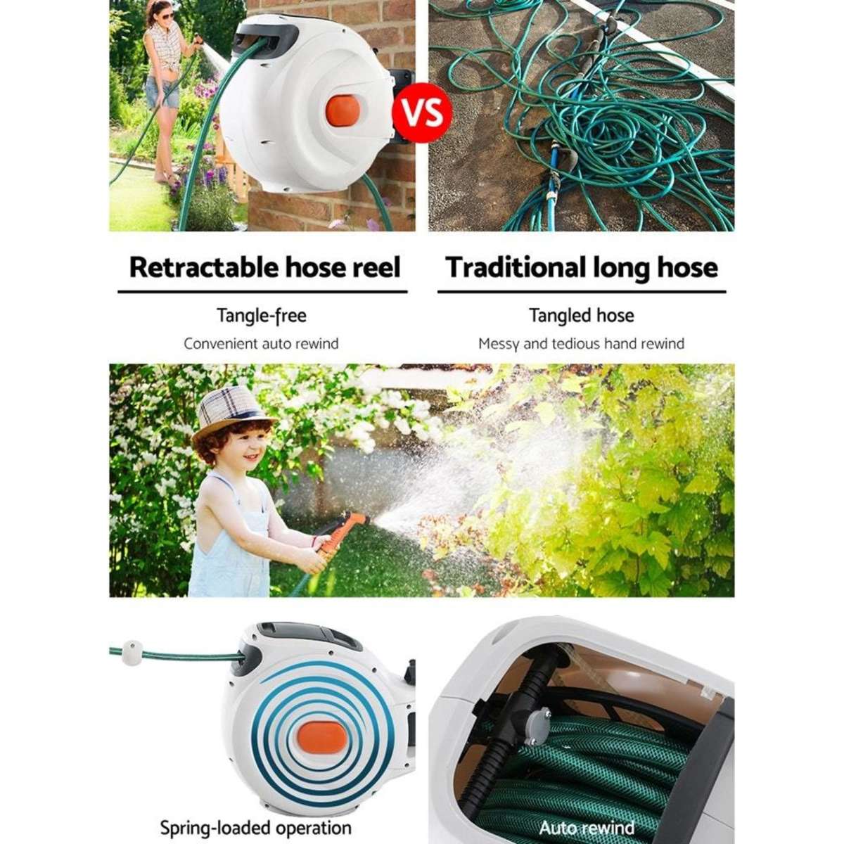 Greenfingers Retractable Hose Reel 30M Garden Water Brass Spray Gun