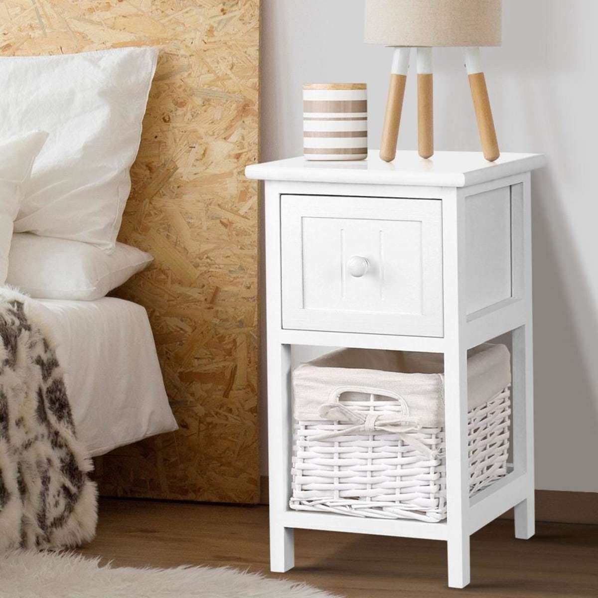 Artiss Bedside Table 1 Drawer with Basket Rustic White X2 Woolworths