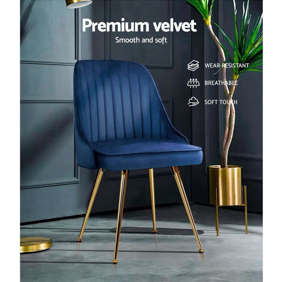 Artiss Dining Chairs Set of 2 Velvet Channel Tufted Blue Woolworths