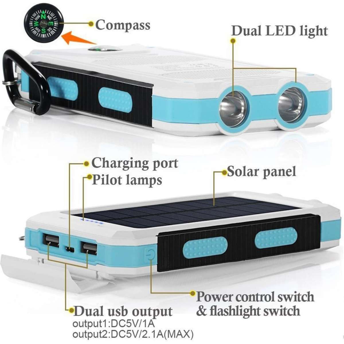 TODO 8000Mah Solar Power Bank Mobile Phone Usb Iphone Charger Led Torch