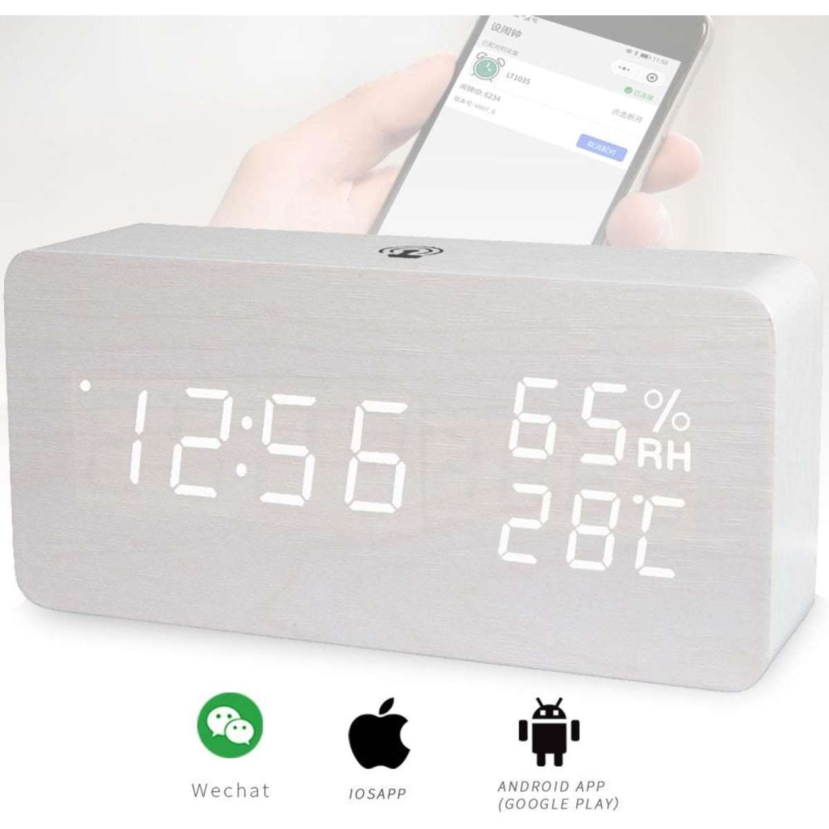 TODO LED Digital Alarm Clock Rechargeable Woodgrain USB Android iOS