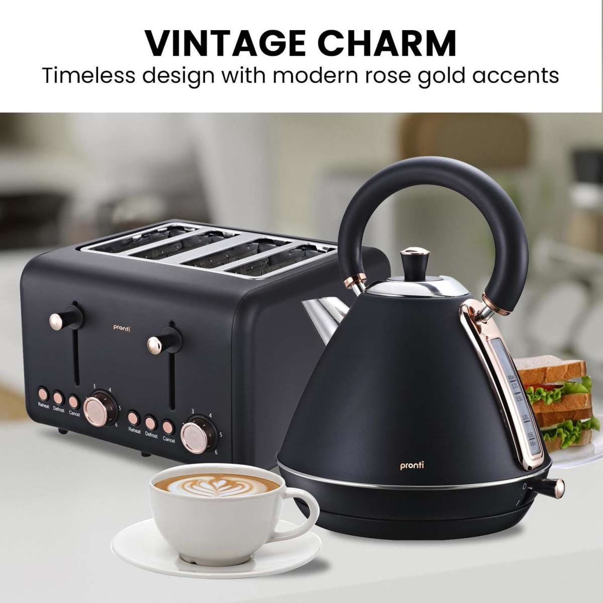 Pronti Rose Trim Collection Toaster & Kettle Bundle Black Woolworths