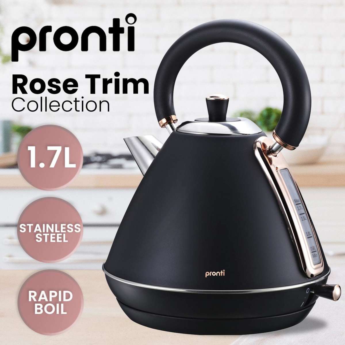 Pronti Rose Trim Collection Toaster & Kettle Bundle Black Woolworths