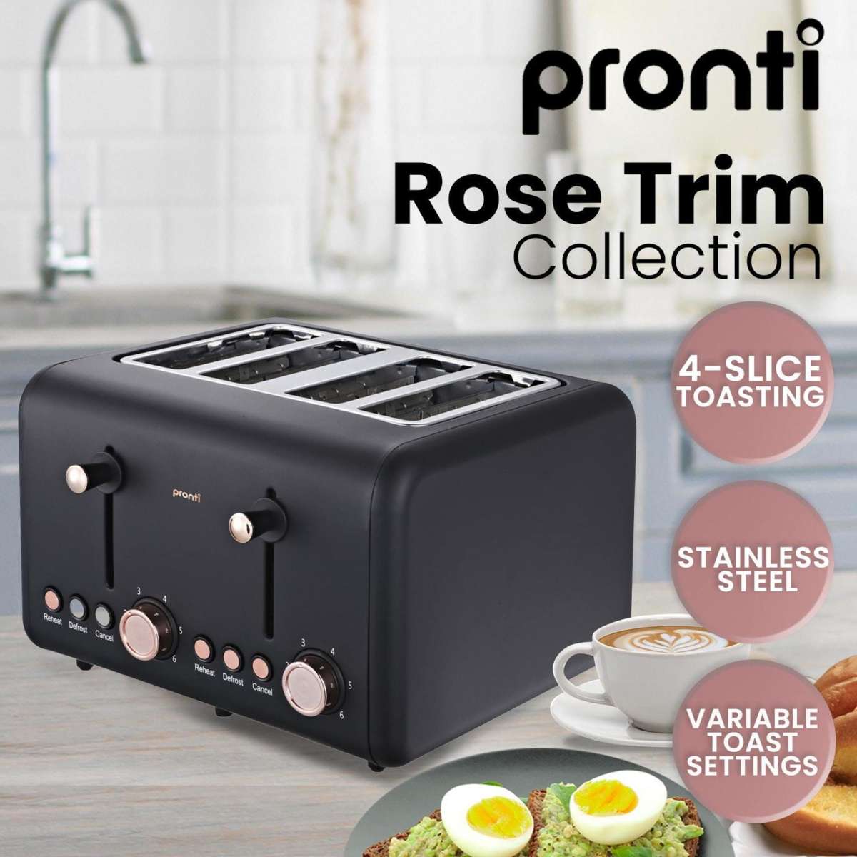 Pronti Rose Trim Collection Toaster & Kettle Bundle Black Woolworths