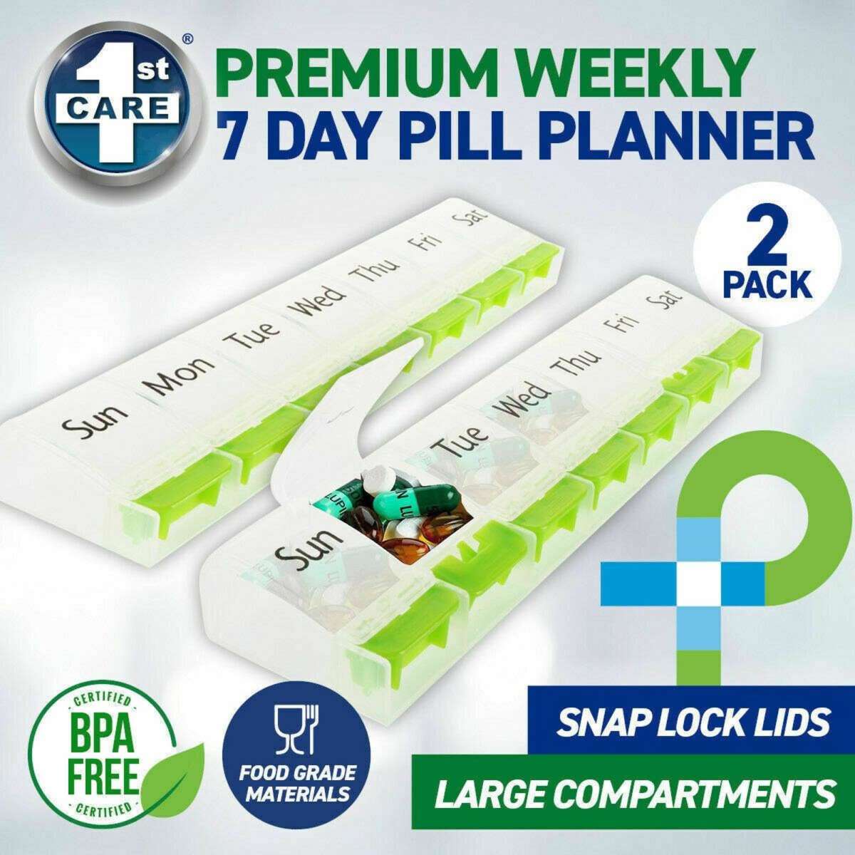 1st Care 2PK Pill Planner 7 Day Weekly Planner Large Snap Lock Compartments Woolworths