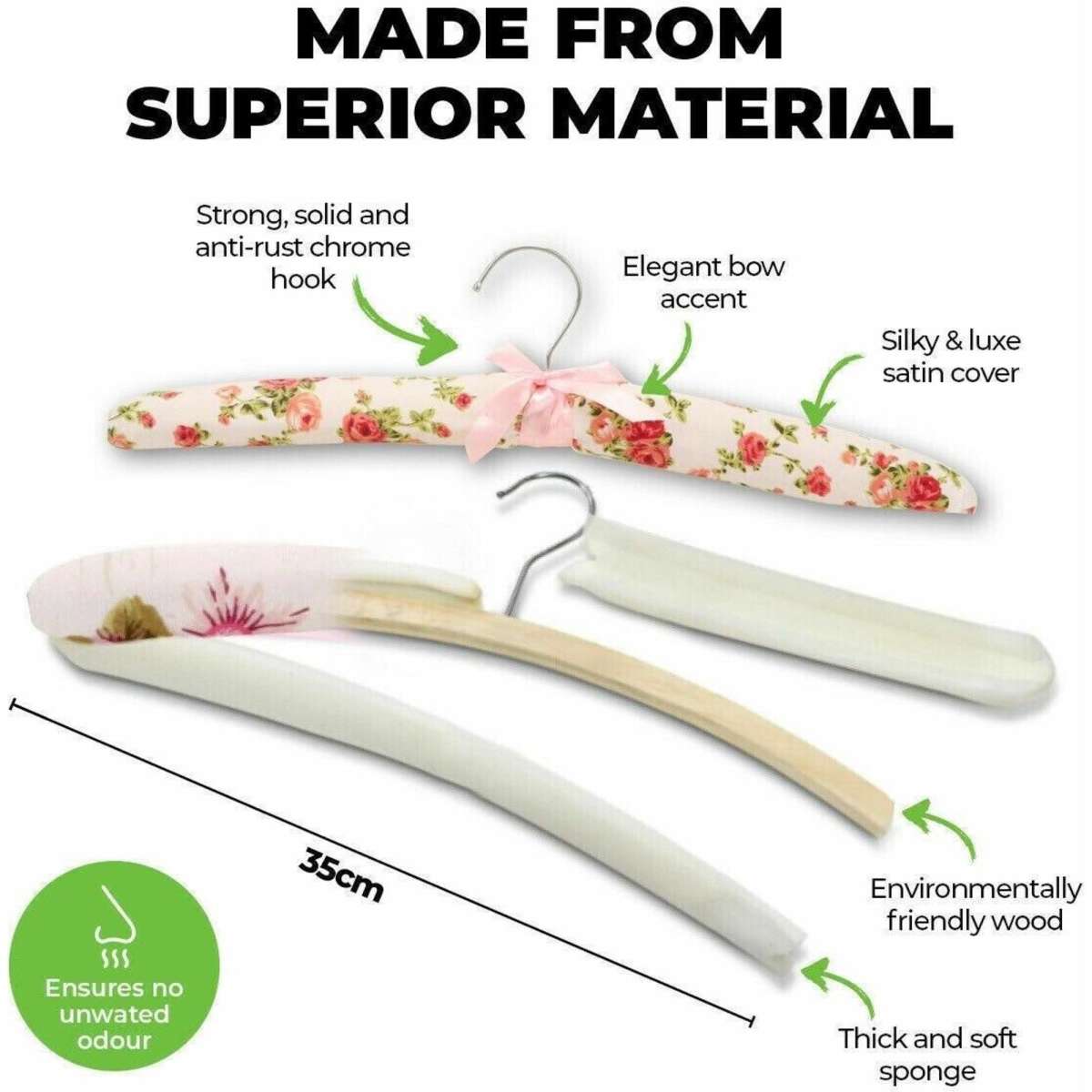 Home Master [20PCE] Coat Hangers Floral Satin Covers Padded Thick