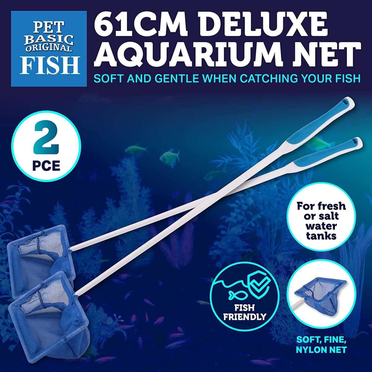 Pet Basic 2PK Aquarium Fish Net Safe Gentle Soft Secure Blue Mesh
