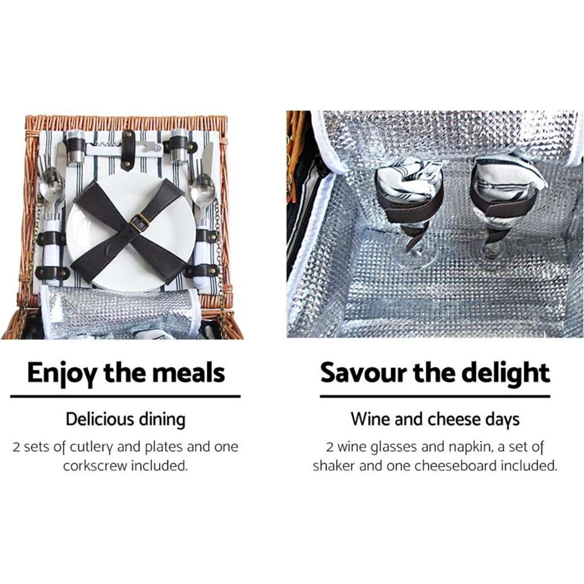 AlfrescoÂ 2 Person Picnic Basket Set Vintage Outdoor Baskets Insulated