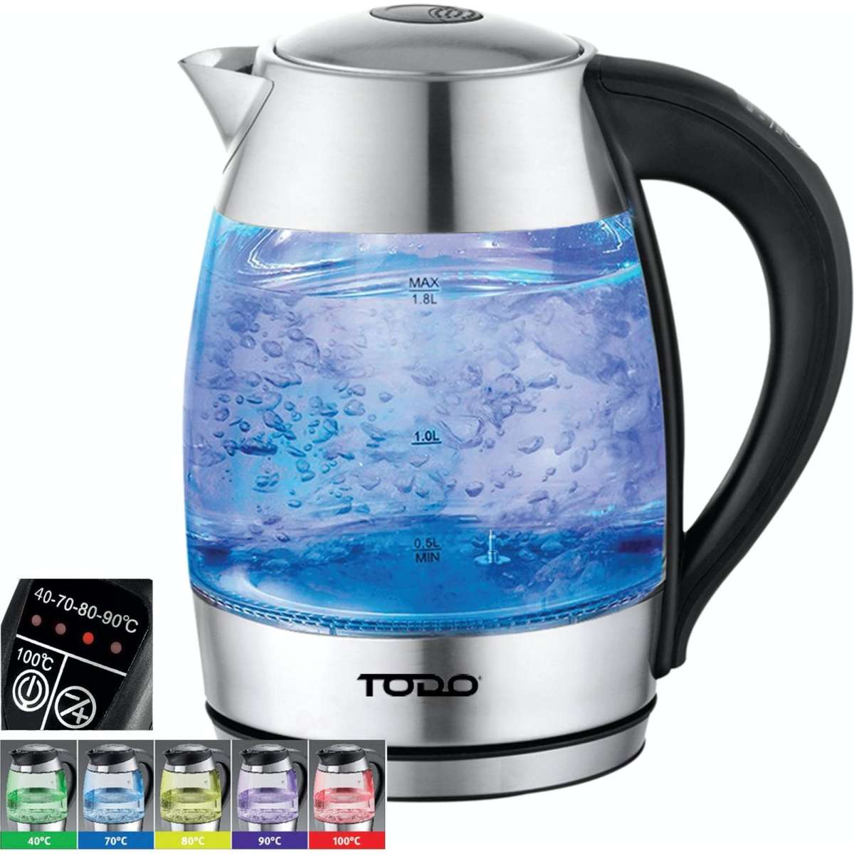 TODO 1.7L Glass Cordless Kettle Keep Warm Electric Dual Wall LED Water
