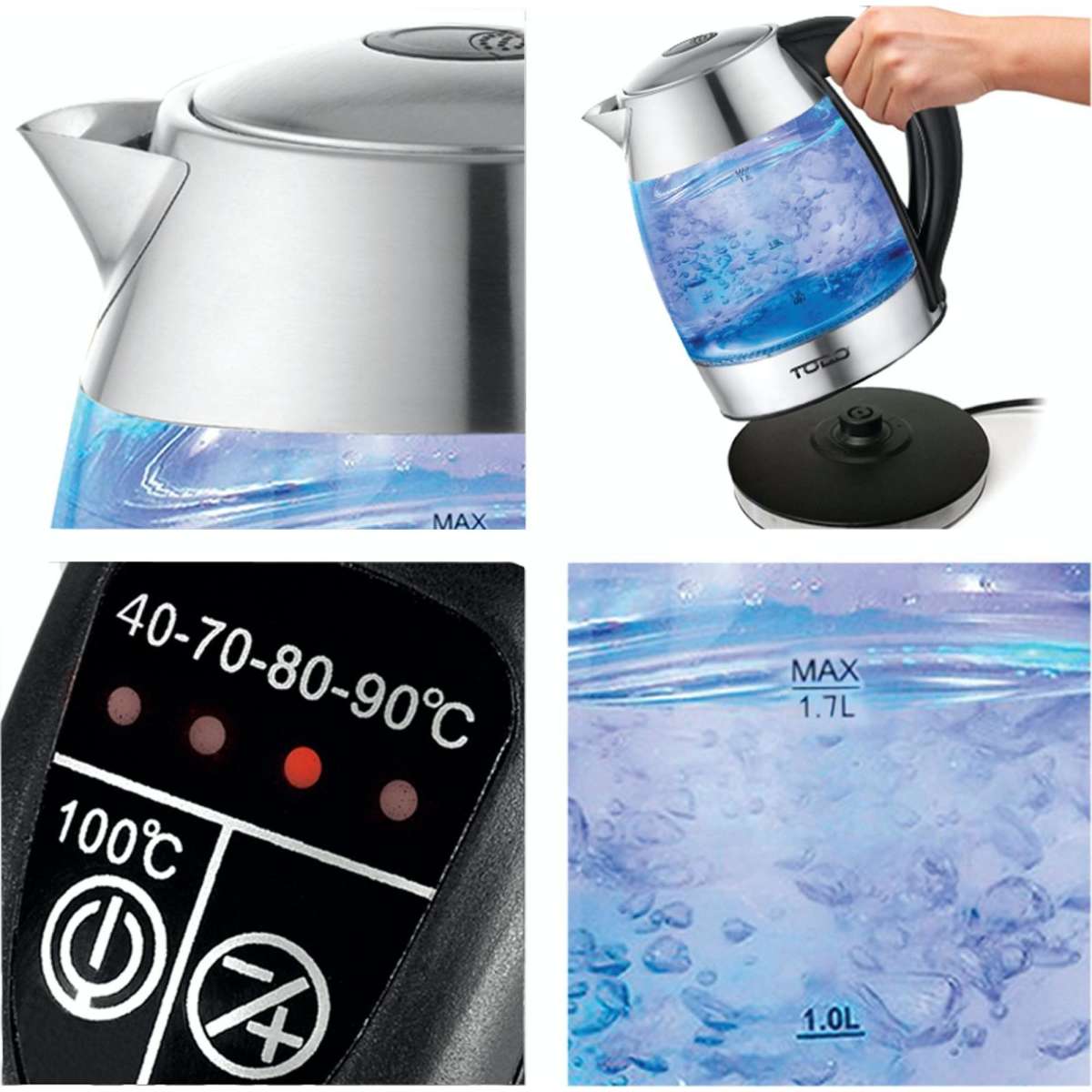 TODO 1.7L Glass Cordless Kettle Keep Warm Electric Dual Wall LED Water
