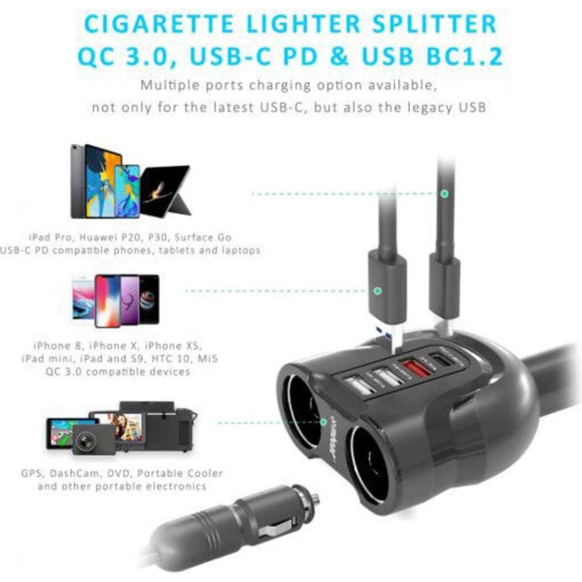 Mbeat Gorilla Power Four USBC PD & QC3.0 Car Charger w/ Cigarette