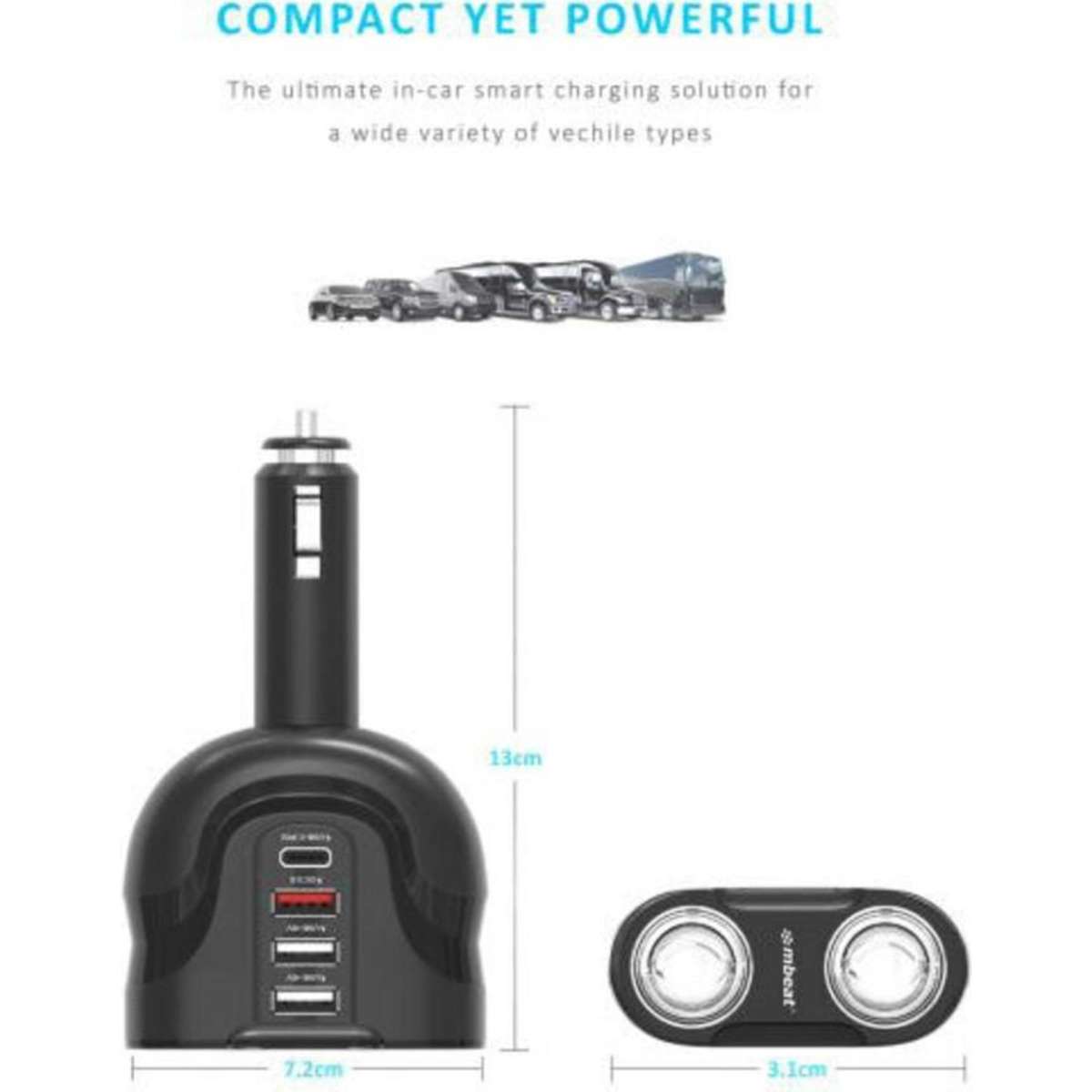 Mbeat Gorilla Power Four USBC PD & QC3.0 Car Charger w/ Cigarette