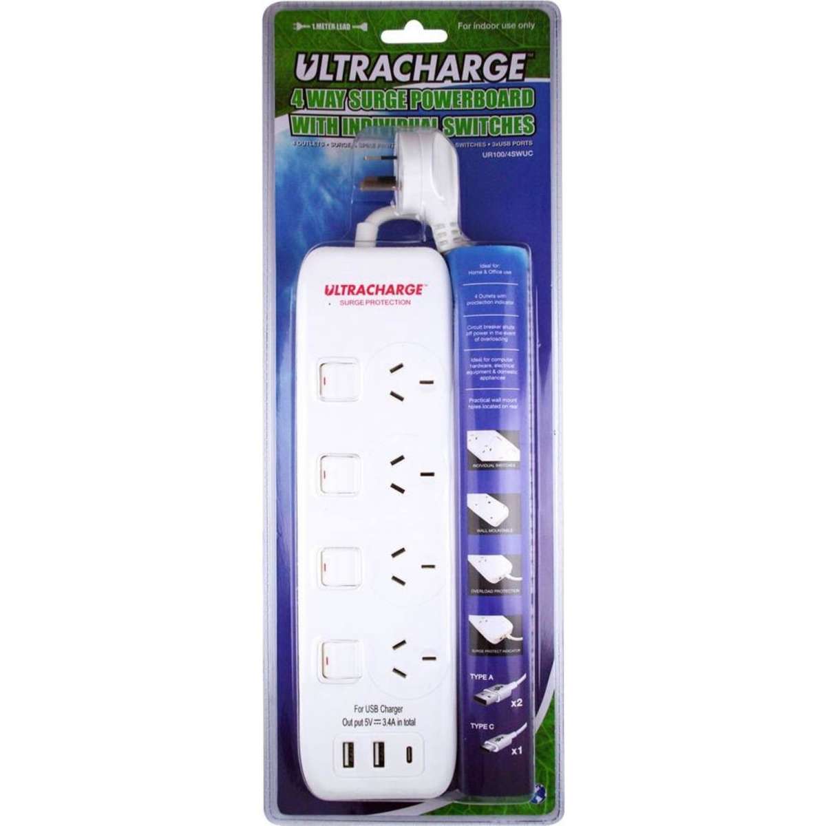 Ultracharge Power Board 4 Switch Surge w/ 3x USB 3.4A Woolworths