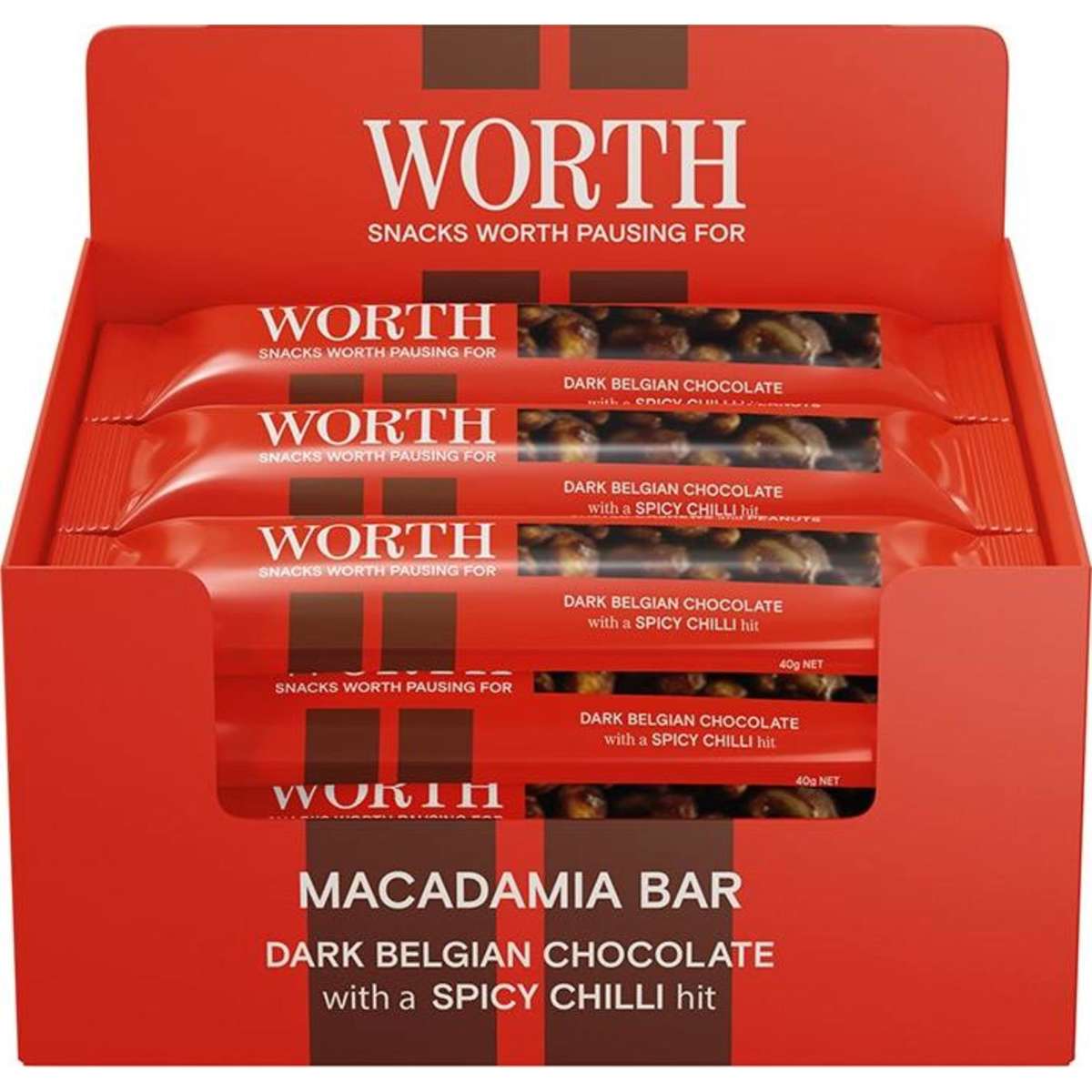 Worth Macadamia Dark Chocolate & Chili Bar 12pc 40g Woolworths