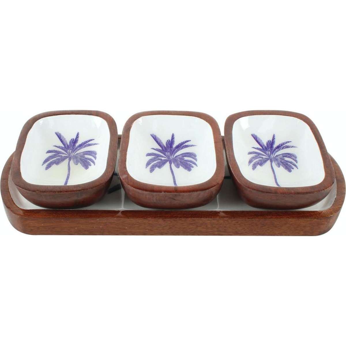 Maine & Crawford Belize Blue Palm Tree Enml Wood S3 Dip Bowls&Tray