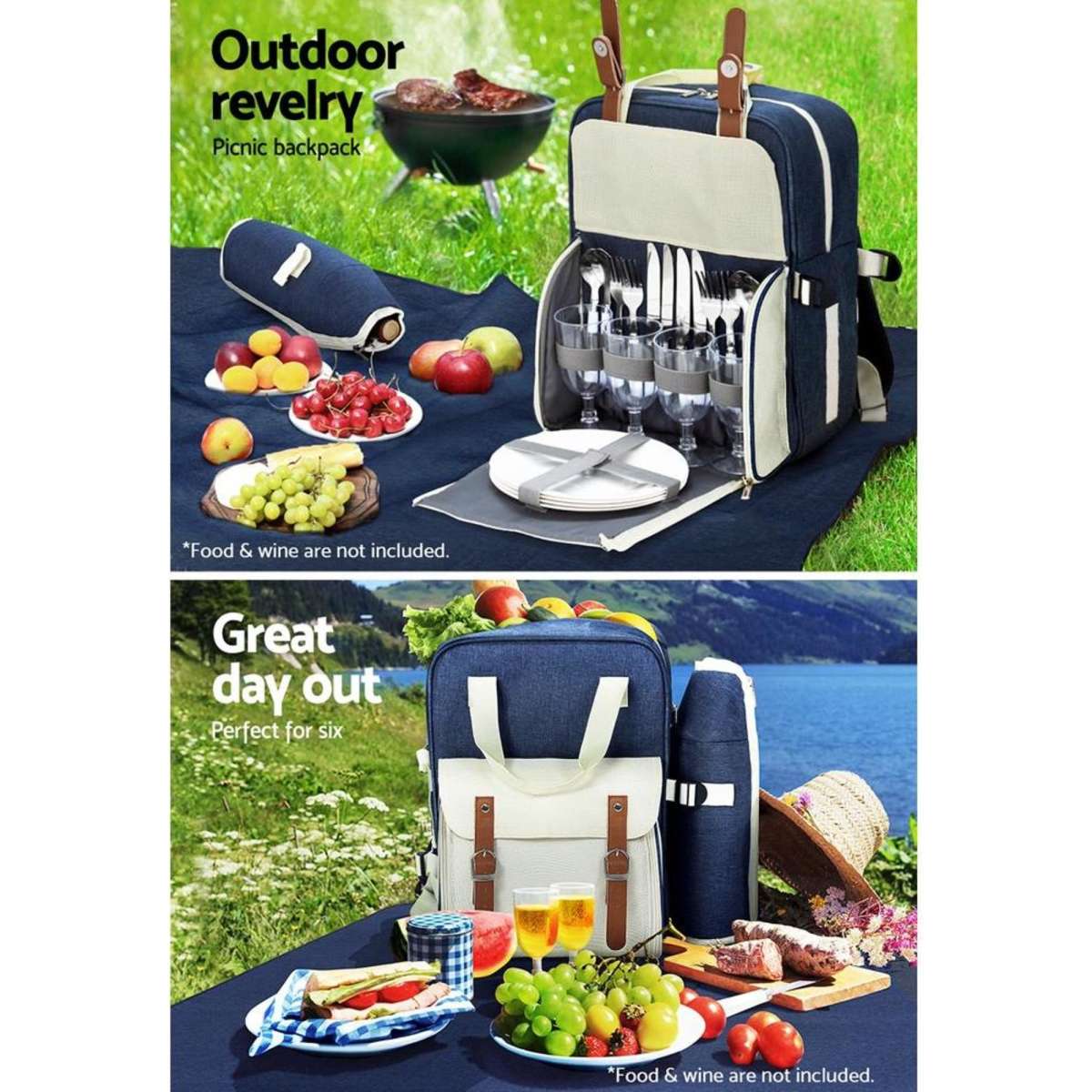 Alfresco 4 Person Picnic Basket Set Backpack Bag Insulated Blue