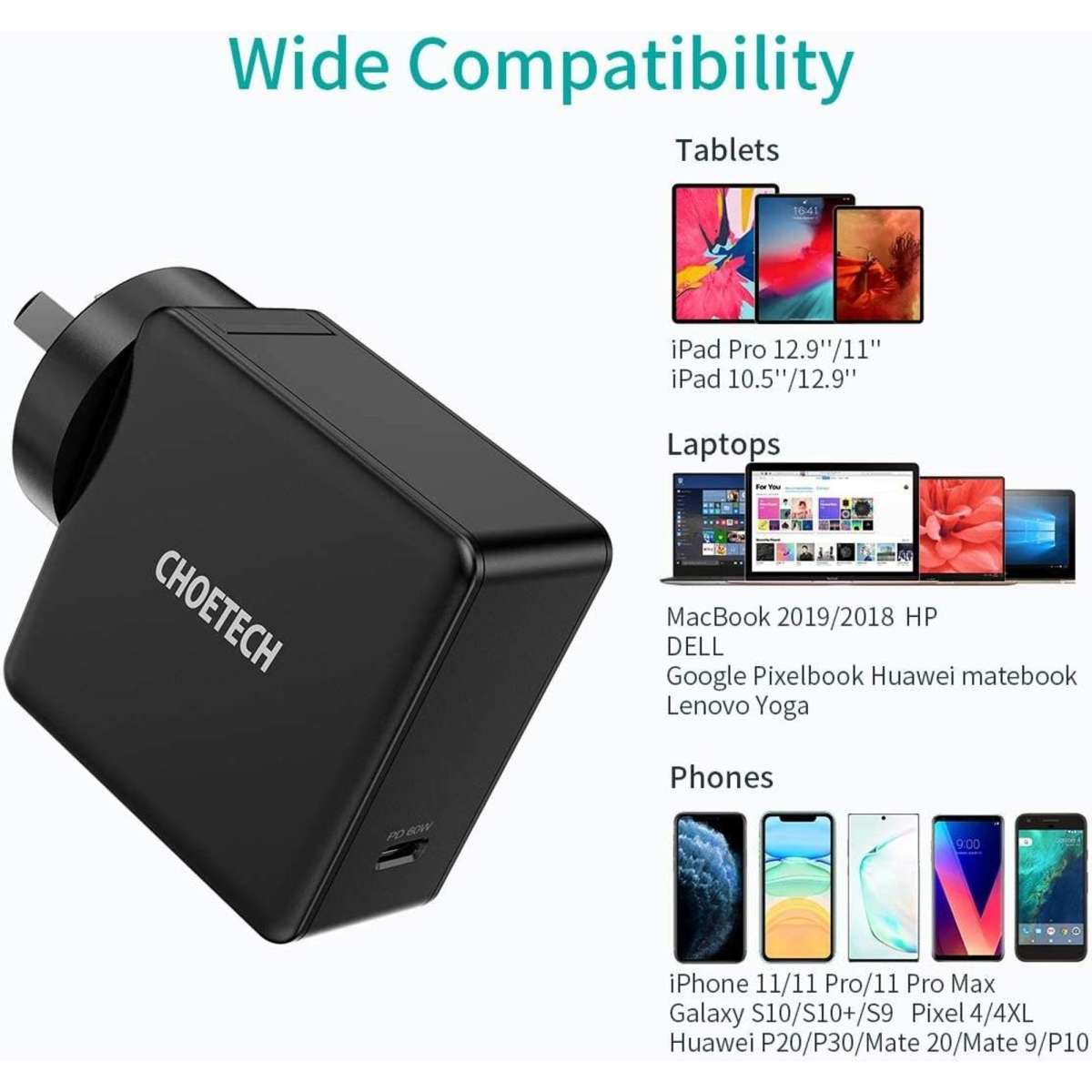 Choetech 60W USBC PD Wall Charger Type C Fast Charge Power Adapter AU