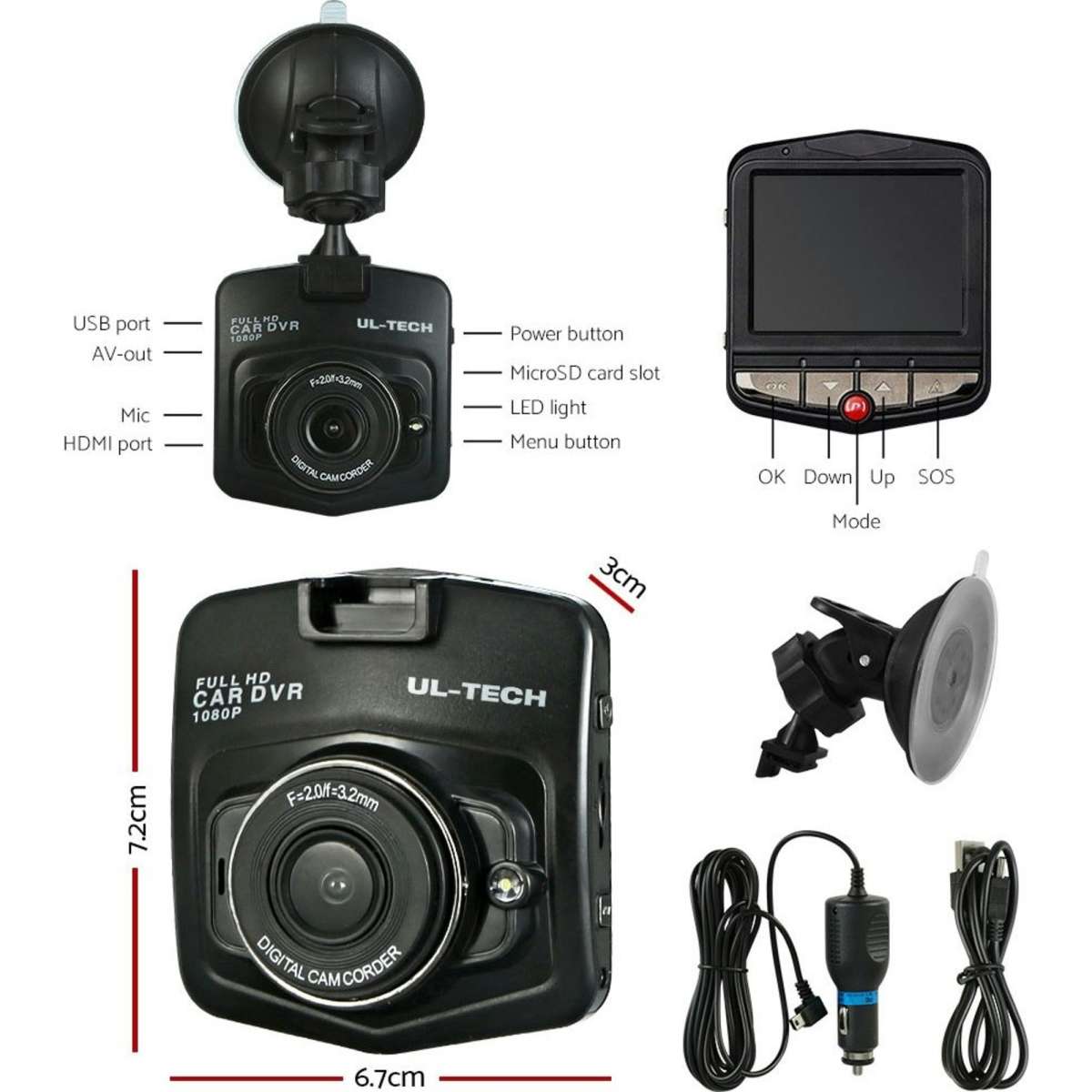ULtech Dash Camera 1080P 2.4" Front View,ULtech Dash Camera 1080P 2.4