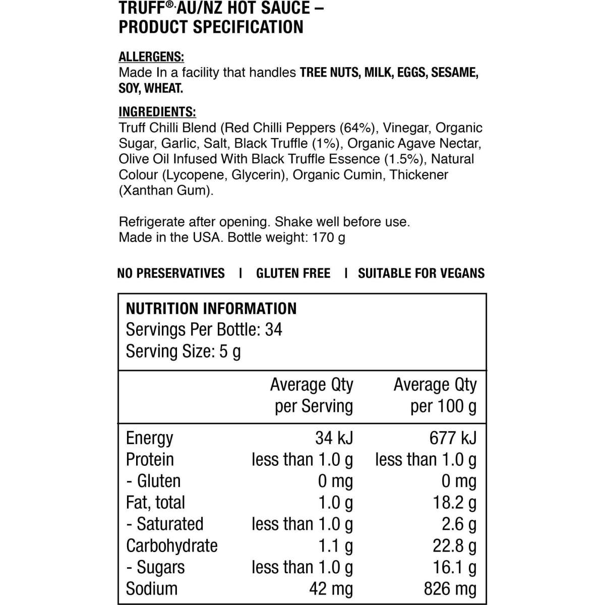 TRUFF Black Truffle Infused Hot Sauce Gluten Free 170g Woolworths