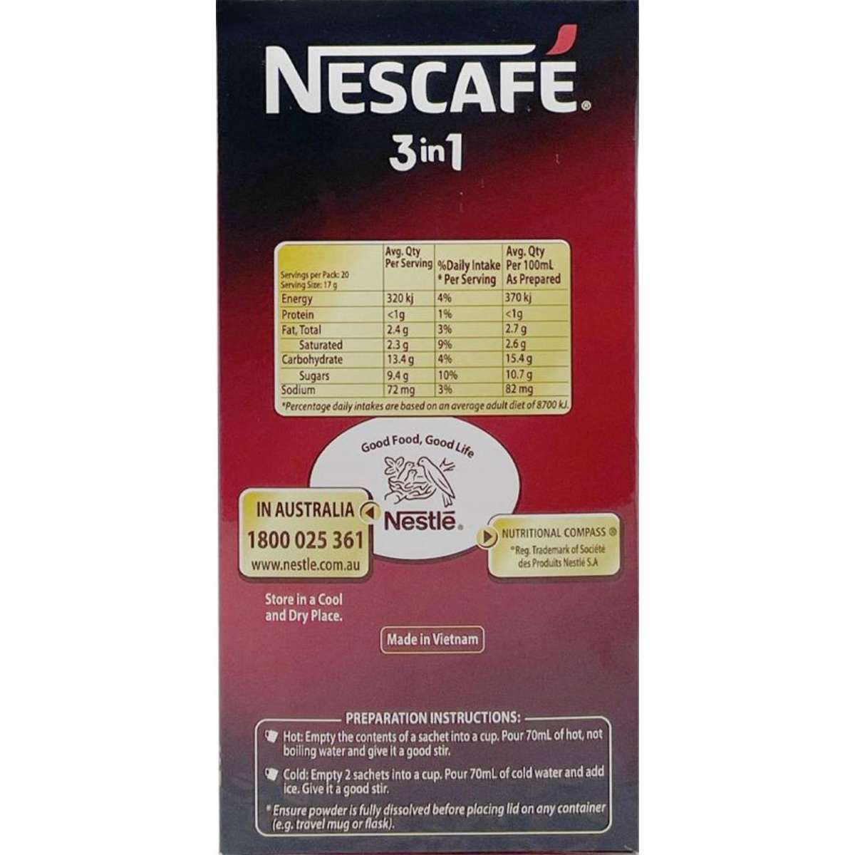 Nescafe 3 In 1 Instant Coffee Sachets 60pc Woolworths