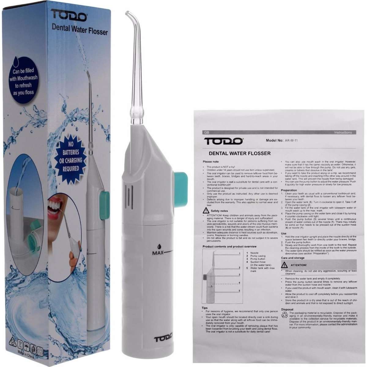 TODO Water Dental Jet Pick Flosser 30 Psi Oral Irrigator Teeth Cleaner
