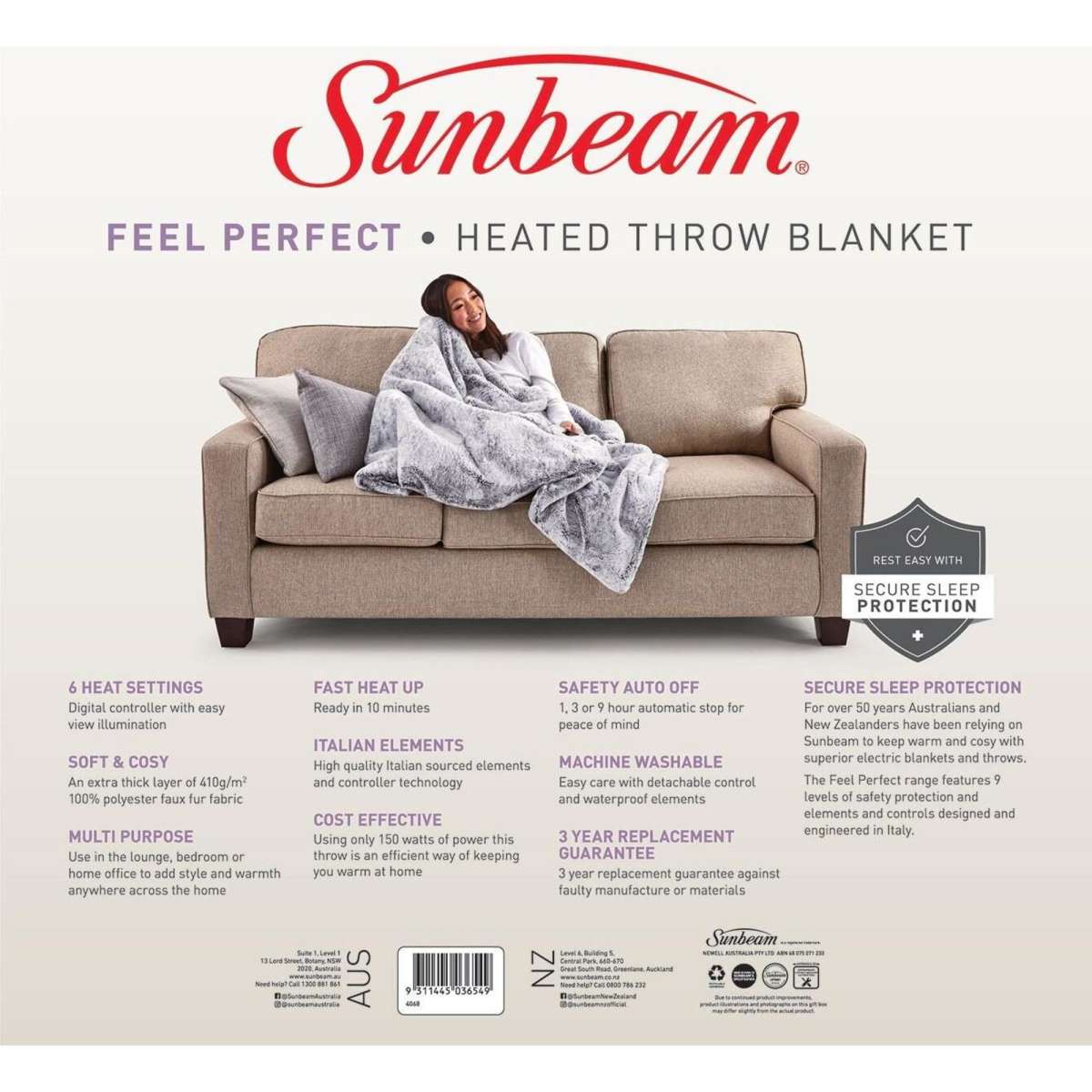 Sunbeam Feel Perfect Faux Fur Heated Throw Woolworths