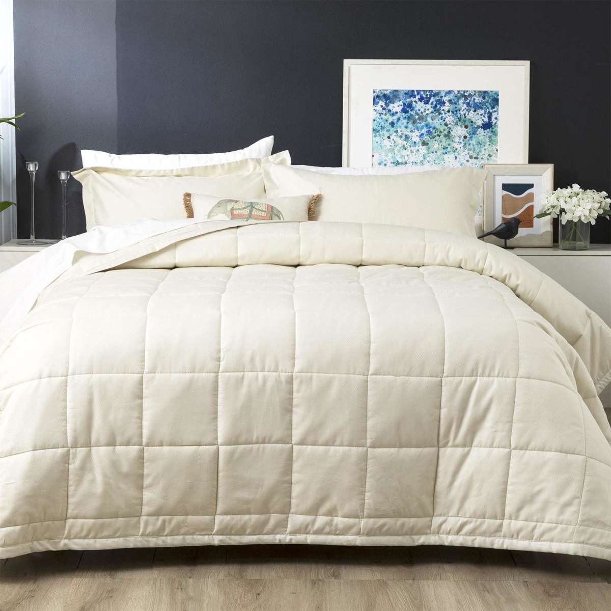 D'Decor Home Checks Cotton Jacquard Comforter Set King Bed Ivory 500TC