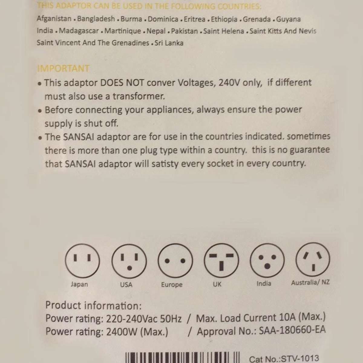 Sansai Travel Power Adapter AU/NZ Socket to South Africa/India/Pakistan