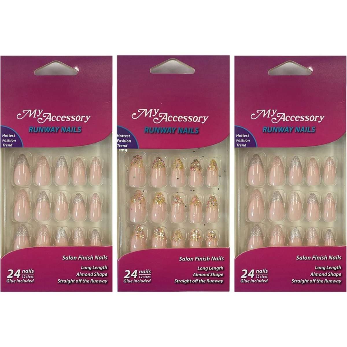 My Accessory Runway Glitter Tips Almond Shape Artificial Glue On Nails Assorted 3x 24pc Woolworths