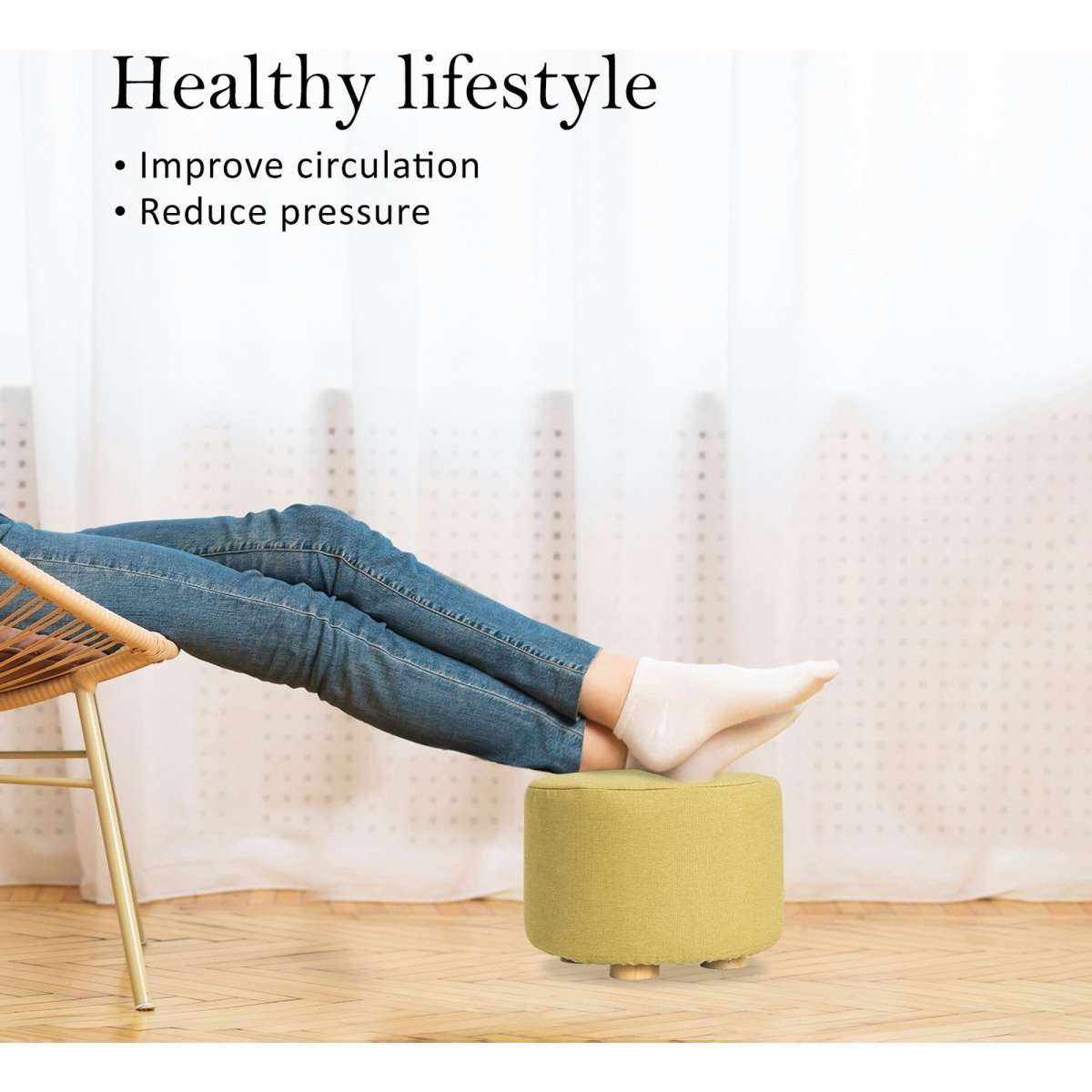 La Bella Mustard Yellow Fabric Ottoman Round Wooden Leg Foot Stool Woolworths