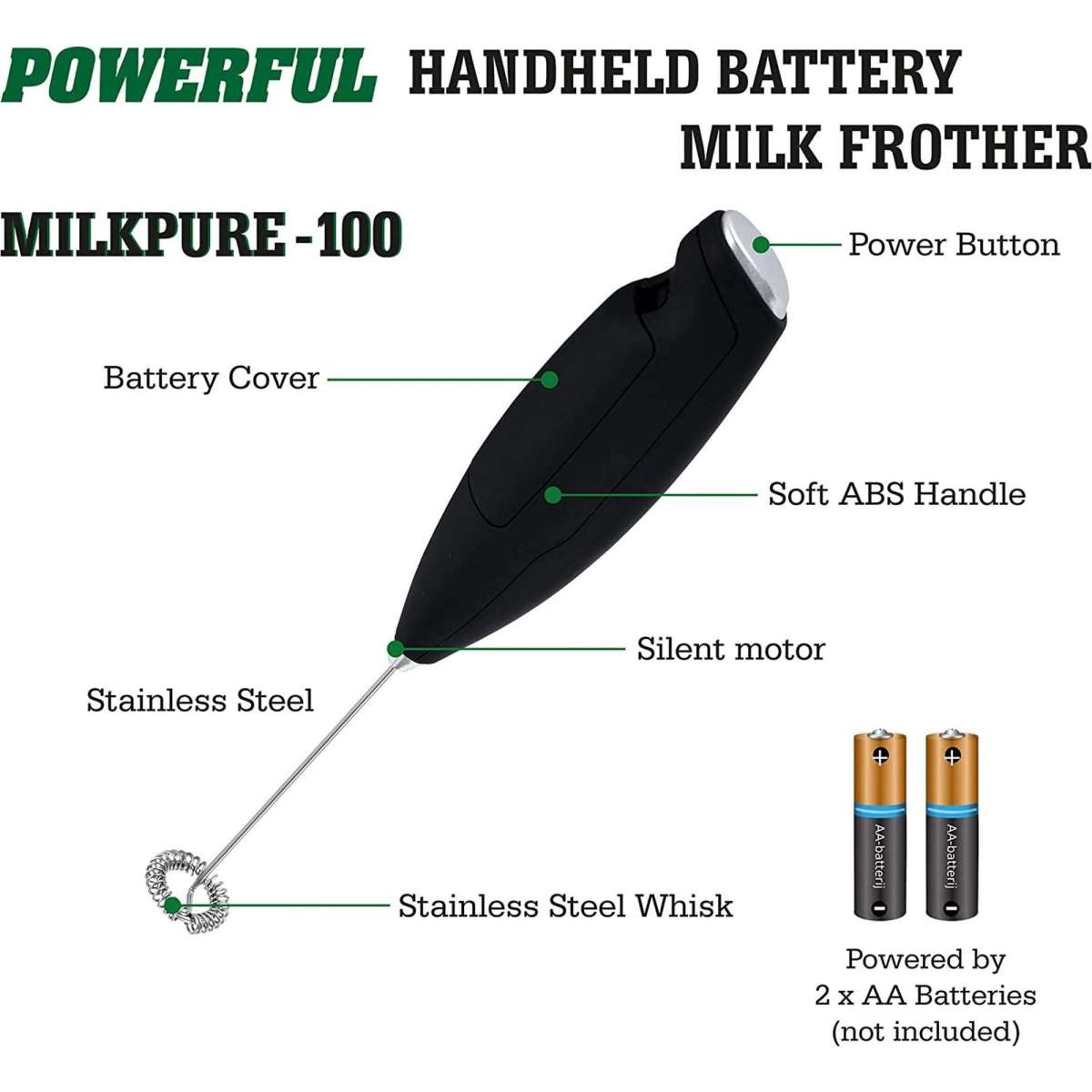 Auspure Milk Frother Handheld Electric BatteryOperated Milkpure100