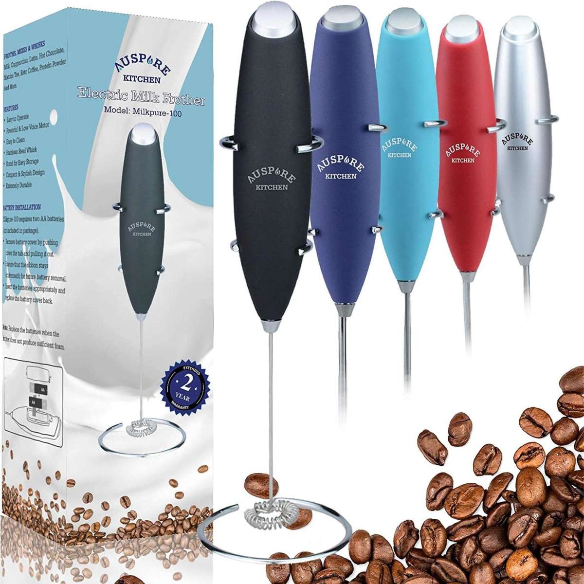 Auspure Milk Frother Handheld Electric BatteryOperated Milkpure100