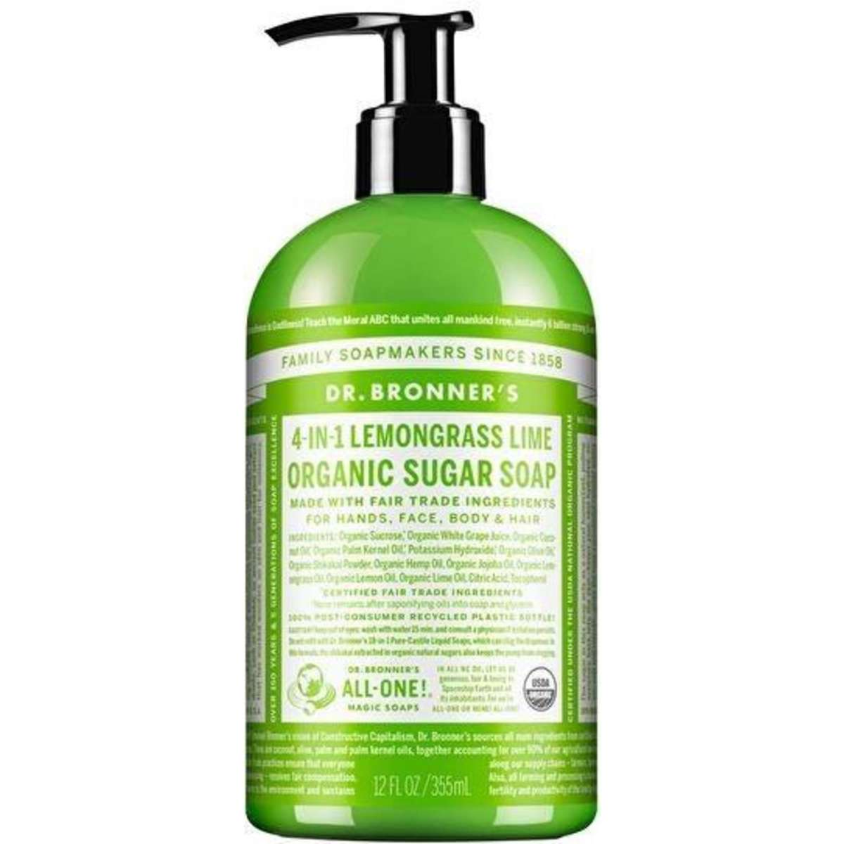 Dr. Bronner's Organic Sugar Soap 4in1 Lemongrass Lime (Pump) 355ml Woolworths