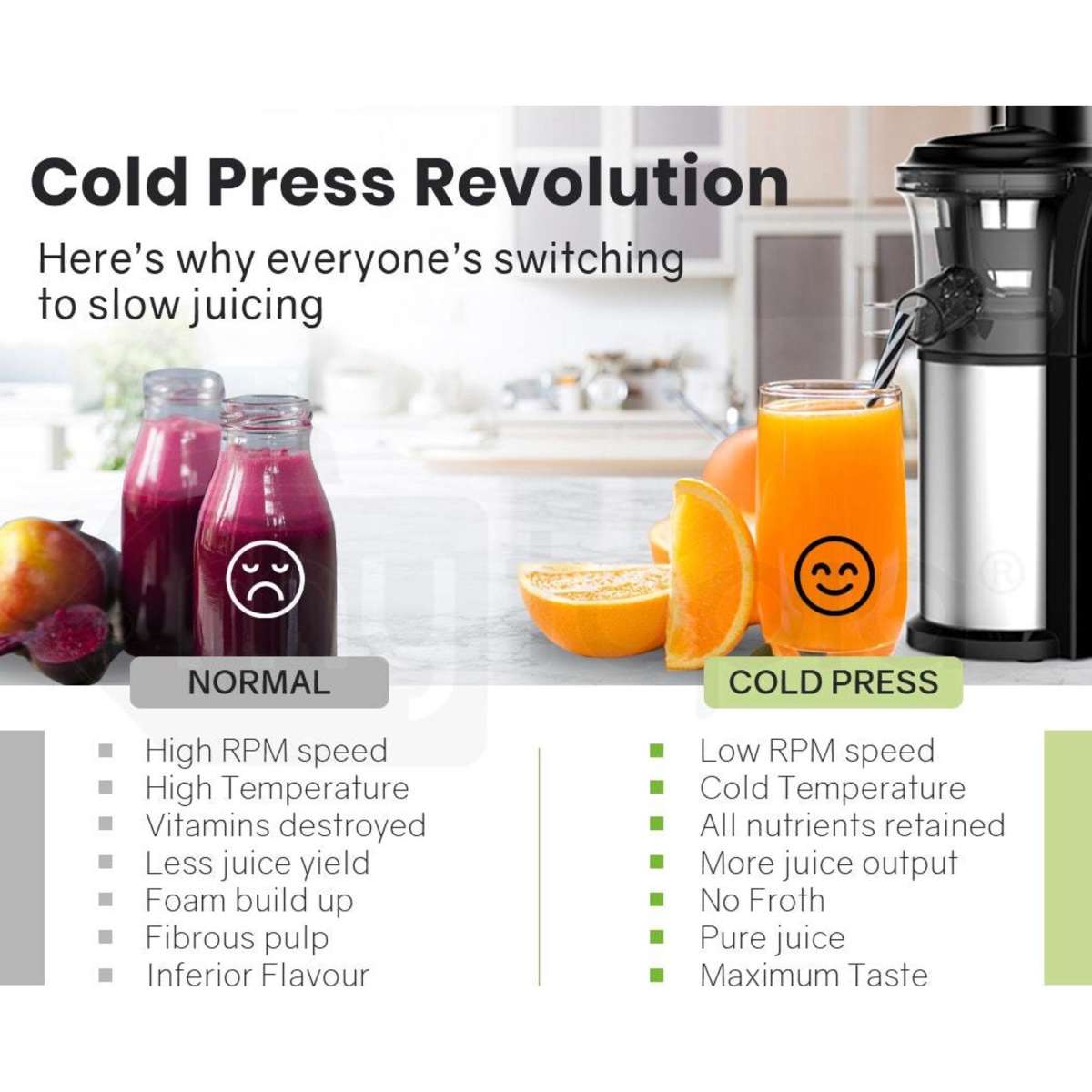 Eurochef Cold Press Slow Juicer with Sorbet function, Whole Fruit Chute