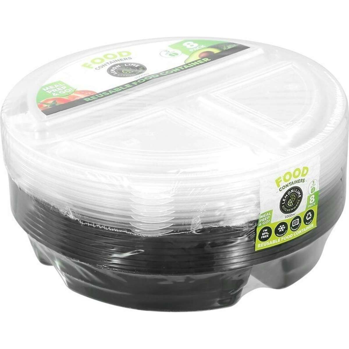 Lemon And Lime Reusable 3Section Food Prep Container Assorted 3x 8PK