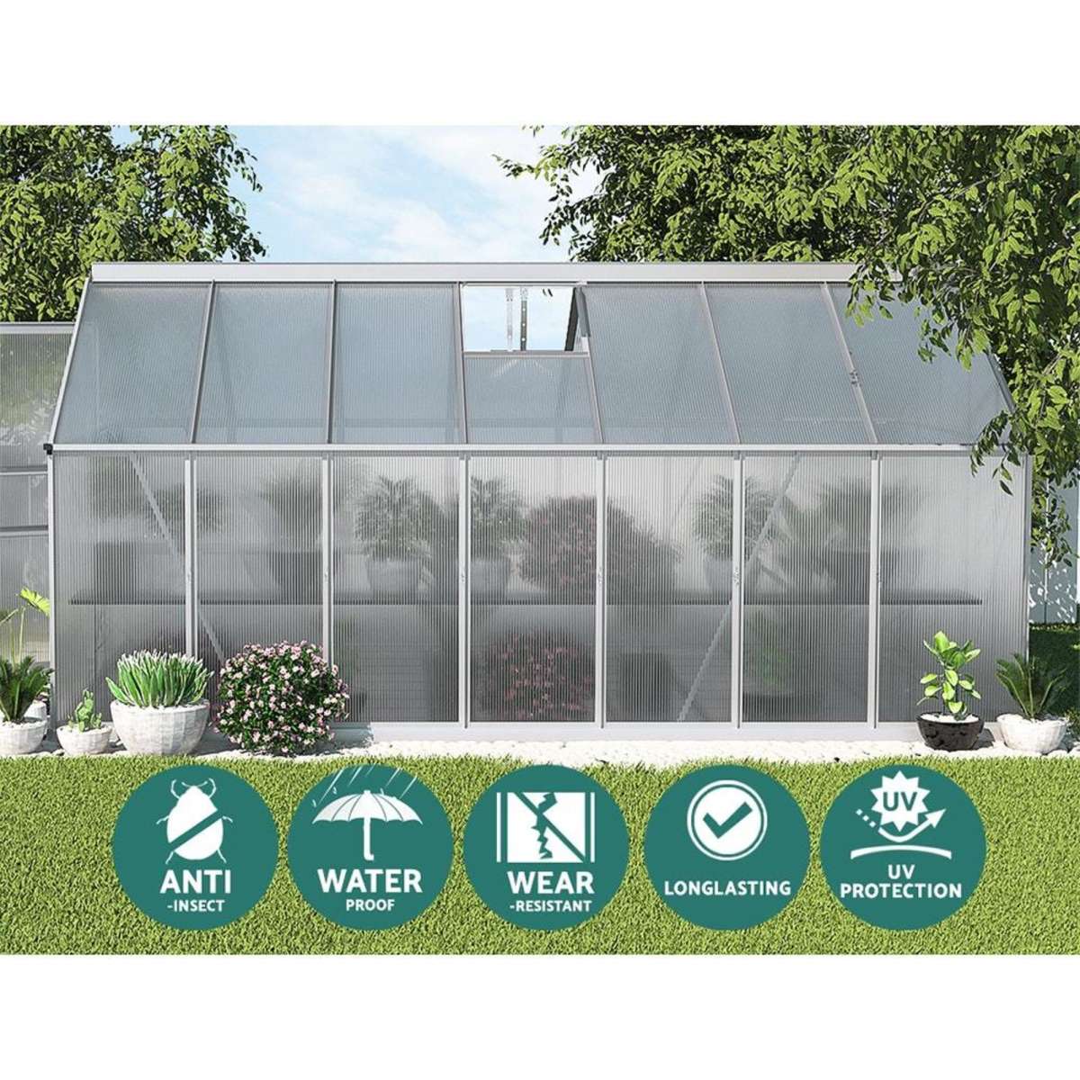 Greenfingers Greenhouse 4.2x2.5x1.95M Aluminium Polycarbonate Green ...