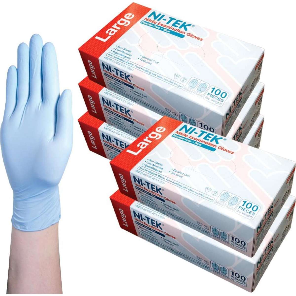 Ni-Tek Nitrile Gloves Powder Free Blue Large 100 Box x5 | Woolworths